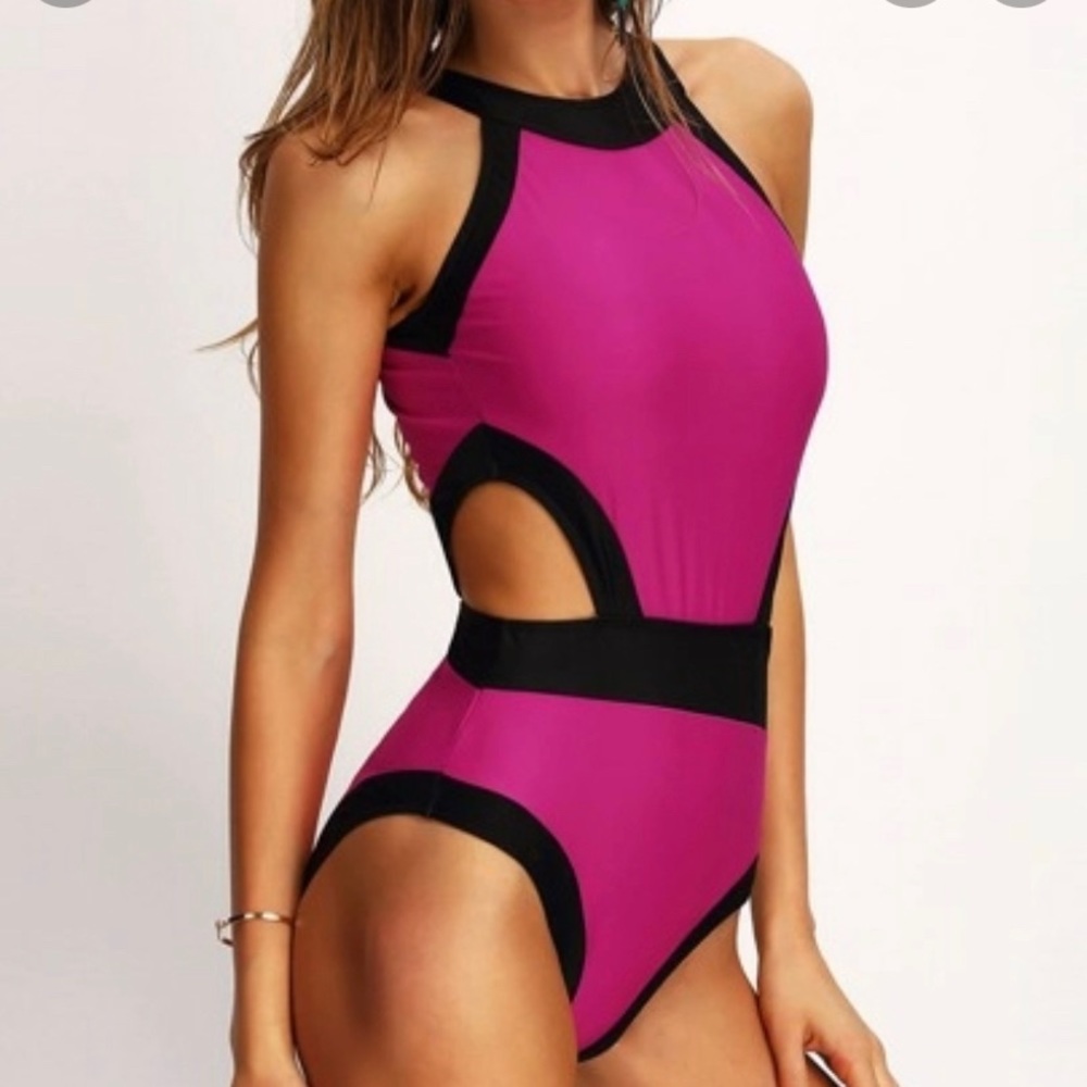 Pink and black cut-out one piece swimsuit